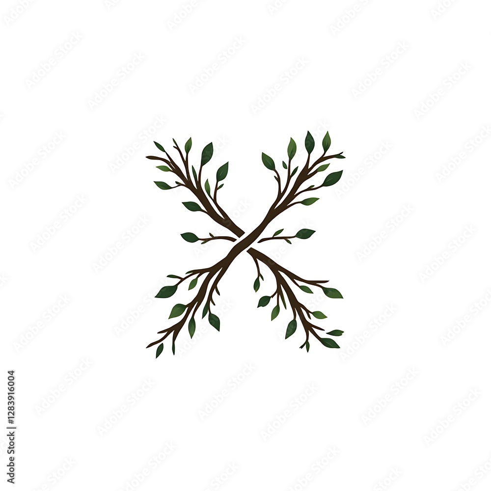 Poster branch cross pattern with verdant leaves symbolizing growth and interconnectedness in natural design