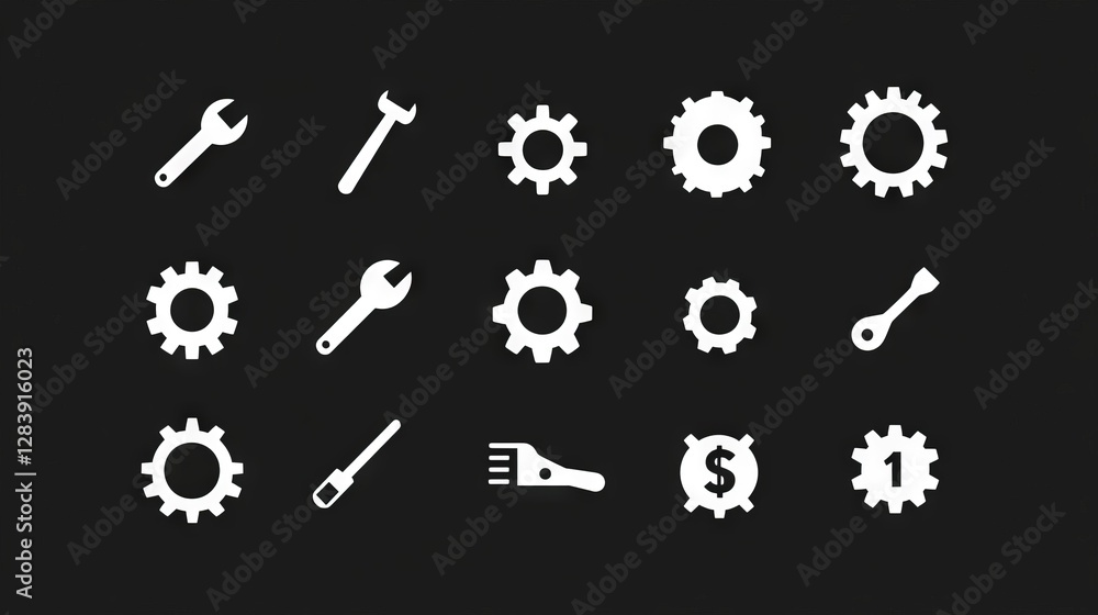 Poster collection of solid icons representing settings. includes symbols for configuration, maintenance, se