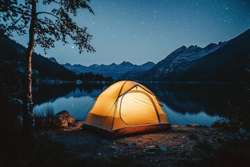 Glowing tent under the starry night reflecting in a tranquil lake surrounded by mountains, creating an unforgettable camping adventure experience.