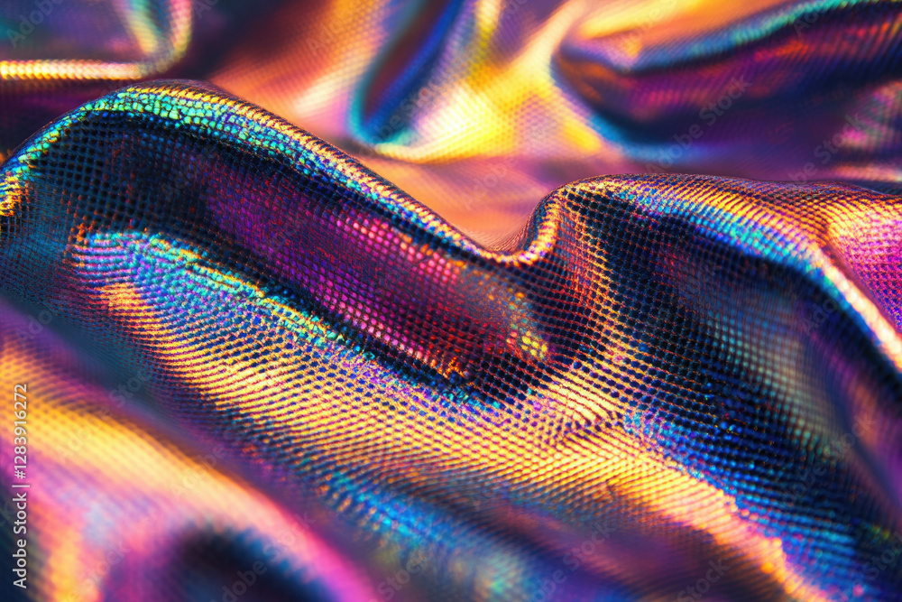 Poster close-up of iridescent fabric with a textured, shimmering surface reflecting vibrant, multicolored l