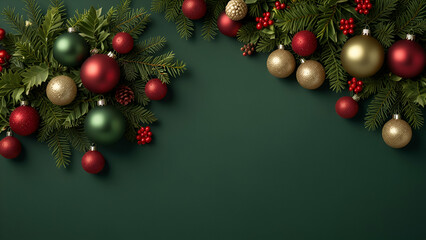 Festive Christmas Background Lush Fir Branches Sparkling Ornaments Glowing Lights and Holiday Magic Aesthetic