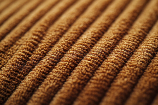 Close-up of brown corduroy fabric texture showing parallel ridges and soft fibers.