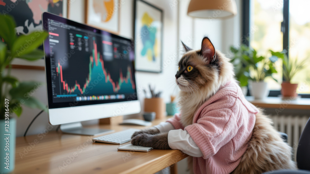 Poster cat working on computer at desk.