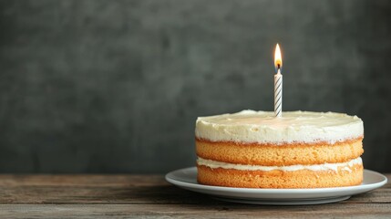 April Fools Day concept. A simple cake with a single candle on a rustic wooden table.