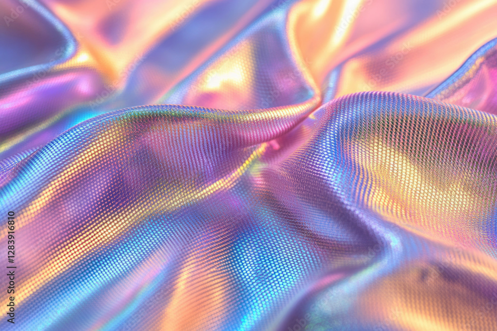 Poster iridescent fabric with a subtle textured surface, exhibiting a flowing, wave-like drape.
