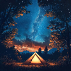 A camping scene with a glowing tent under a starry sky