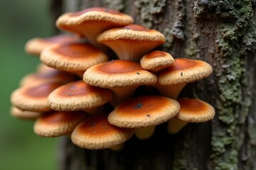 Obraz premium Close-up of Clustered Mushrooms Growing on Tree Trunk