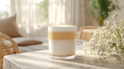 Latte art in a cafe with flowers and sunlight
