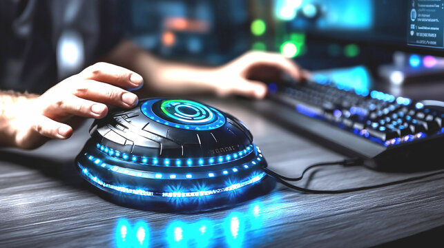 Computer security concept with a keyboard button and DJ music equipment including turntable and mixer at a nightclub party