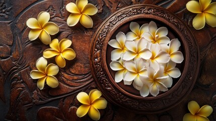 Fototapeta premium plumeria flowers in wooden bowl spa setting
