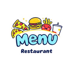 Colorful Food Menu Design with Cartoon Style Pizza Burger Fries and Drink for Restaurant Advertisement