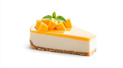 Creamy Mango Cheesecake Dessert Slice Topped with Fresh Mint Leaves on a White Isolated Backdrop
