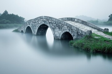 Fototapeta premium A tranquil view of a historic stone bridge arching over a serene lake in misty weather, featuring a captivating blend of architecture and natural beauty.