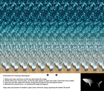 Optical illusion stereogram with hidden 3D shark shape with instruction.