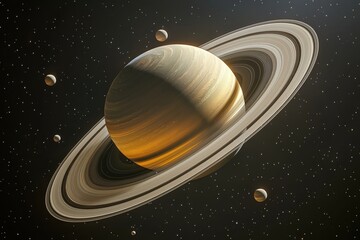 An artistic rendering of the planet Saturn surrounded by a multitude of moons and stars, showcasing its beautiful rings and cosmic grandeur in a dark space.