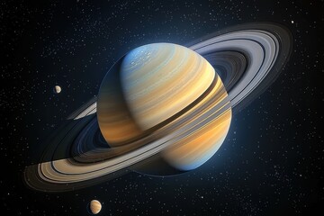 A vivid depiction of Saturn with its extensive ring system and several moons, set against a backdrop of countless distant stars, showcasing the wonders of space.