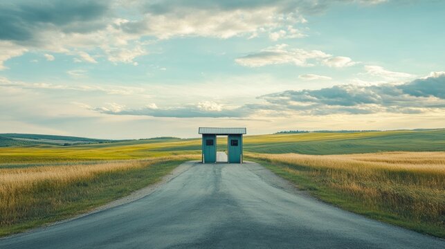 A toll booth on a rural road surrounded by green fields. Featuring no cars and wide open spaces