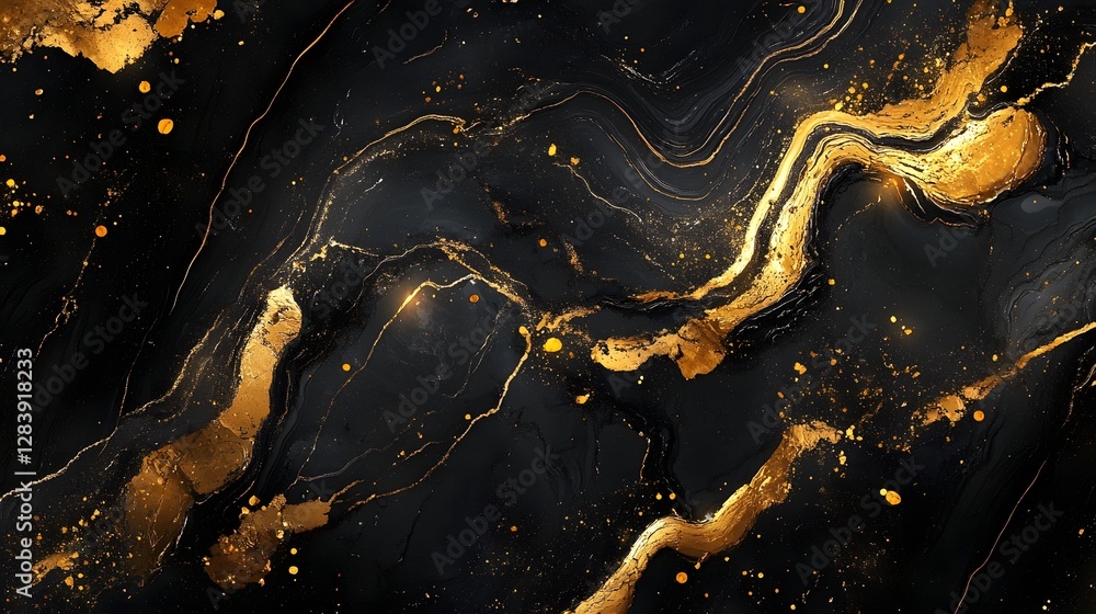 Poster Luxurious abstract background with fluid golden marble texture featuring shimmering metallic brushstrokes granular patterns and a dramatic moody color palette  This high end