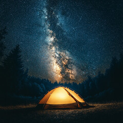 A camping scene with a glowing tent under a starry sky
