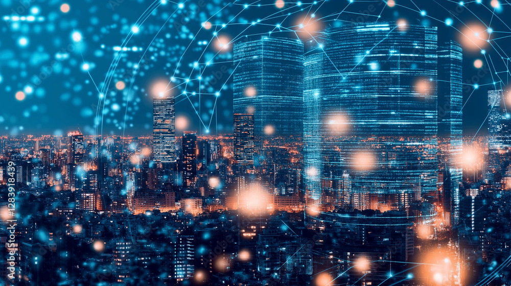 Poster cityscape with digital overlay: futuristic vision of a cityscape enveloped in a digital network of i