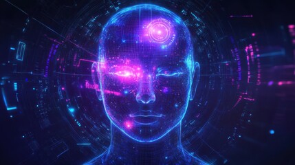 Fototapeta premium Futuristic digital human with cybernetic enhancements in neon lights