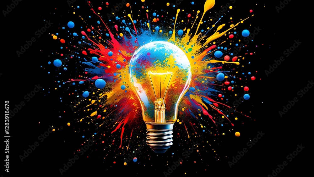 Poster creativity spark lightbulb with vivid splashes of color and light expressing imagination and brillia