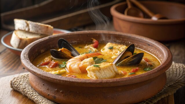 Savoring suquet de peix a catalan seafood stew experience in a rustic clay bowl