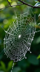 A spider web is shown with a drop of water in the center