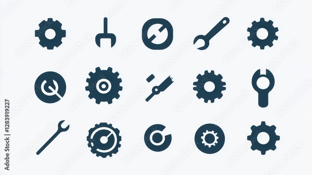 Poster collection of solid icons representing settings. includes symbols for configuration, maintenance, se