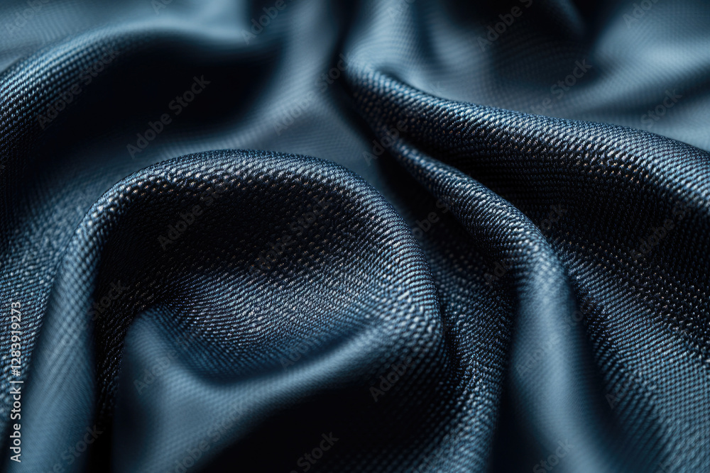 Poster close-up view of dark blue, subtly textured fabric draped in soft folds.