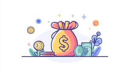 Obraz premium Money icon, representing money and finances. It shows symbols like dollar sign, money bag, gold coin, and banknotes. 