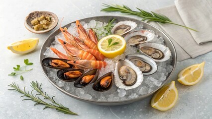 Savoring fresh seafood on ice a gourmet platter of razor clams oysters prawns and mussels with lemon twist