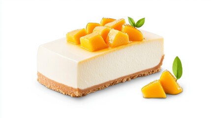 Delicious Mango Cheesecake Slice with Green Leaves Close Up on White Background Sweet Treat Dessert