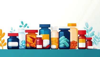 illustration of different pills and bottles for pharmaceutical and healthcare medication and drug research labs concepts with copy space 