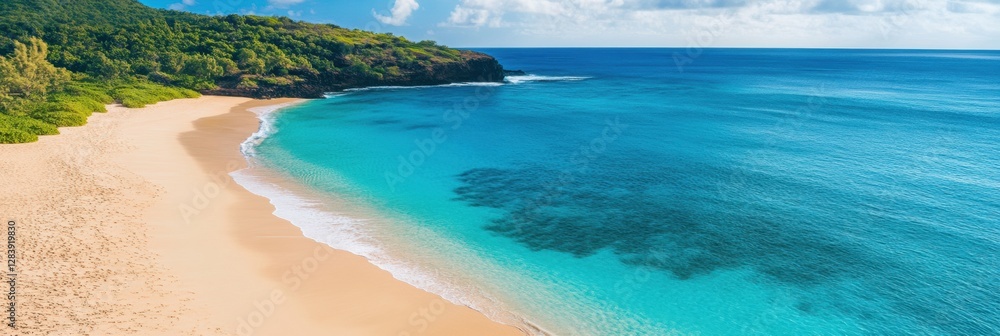 Poster serene tropical beach with clear water and lush greenery under a bright sky at midday. generative ai
