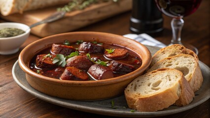 Cooking chorizo al vino in a rustic kitchen culinary delight clay dish presentation cozy atmosphere food photography concept
