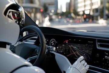 Fototapeta premium A sleek and futuristic robot behind the wheel of a luxury vehicle, navigating through a busy urban landscape, representing the advancements of technology in daily life.