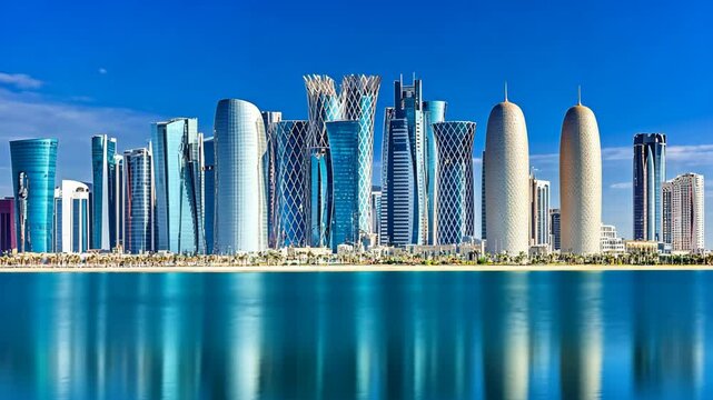 Modern skyline of Doha, Qatar with reflective water during a clear day