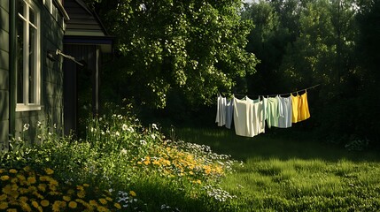 Sunlight Dappled Laundry Drying on a Rural Clothesline AI Generated