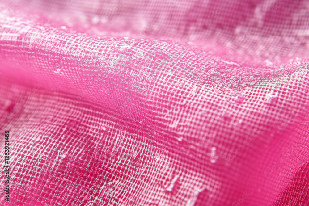 Poster Close-up of pink fabric with a grid-like texture, showing soft folds and subtle sheen.