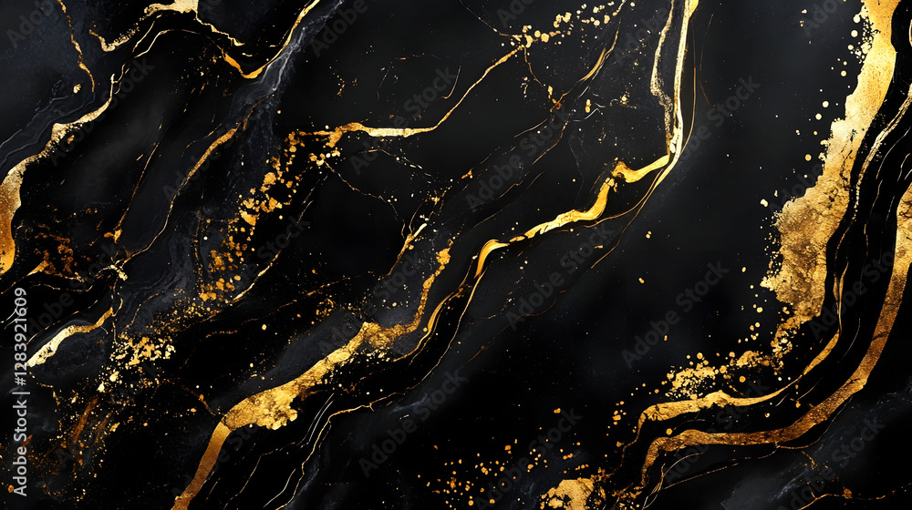 Poster luxurious black and gold marble abstract art background with metallic brush strokes and fluid ink sp