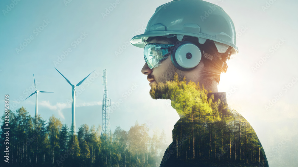 Poster double exposure image of engineer wearing hardhat and protective goggles analyzing wind turbines and