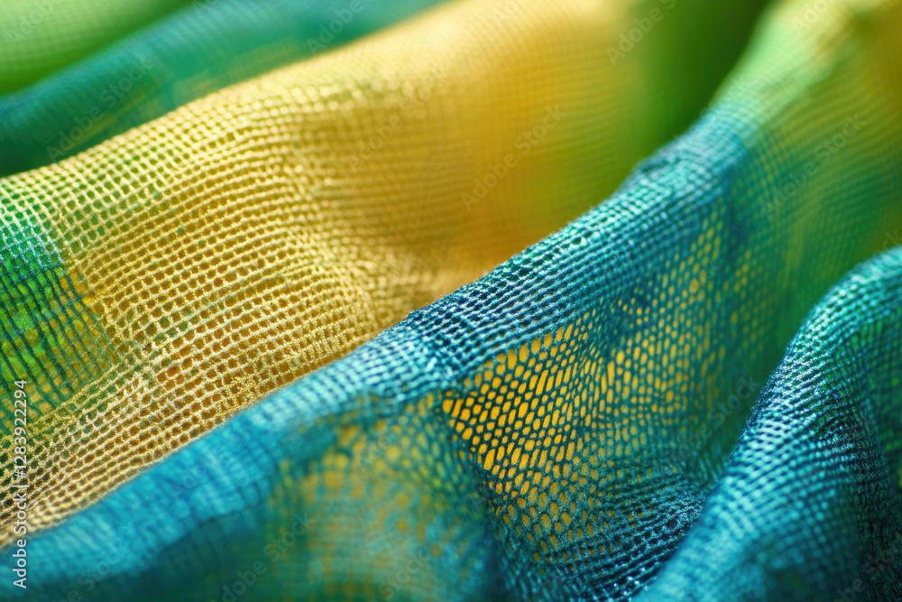 Poster close-up of a textured fabric in shades of teal and gold, showcasing its intricate weave and soft dr