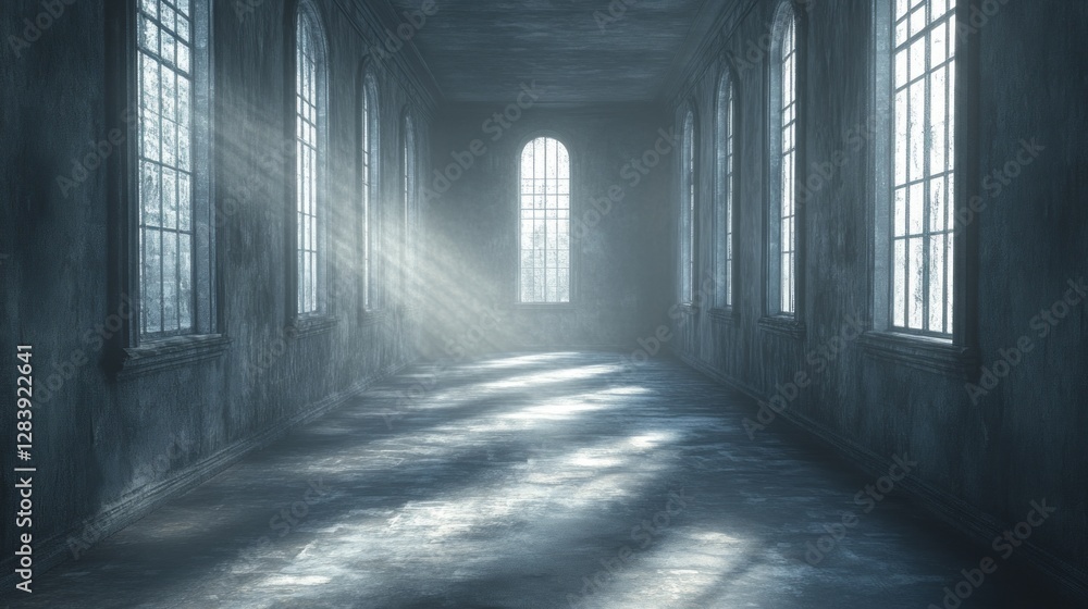 Poster In a shadowy corridor, tall windows filter soft beams of light, illuminating the empty space with an ethereal glow. The atmosphere is serene yet eerie, inviting contemplation