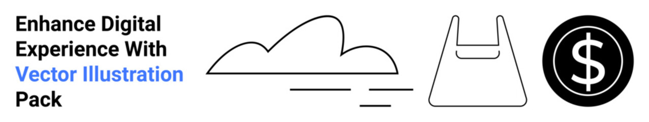 Minimalist black and white cloud, shopping bag, and dollar sign showing connectivity, sustainability, and commerce. Ideal for e-commerce, fintech, cloud storage, marketing shopping retail flat