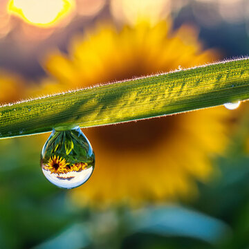 macro fotografia. un agoccia d'acqua pende da un filo d'erba. riflesso nella goccia un girasole