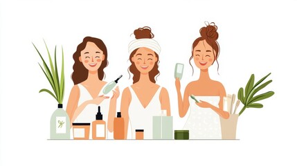 Women using cleanser and moisturizer for their daily skincare routine at home. Illustration isolated on white background 