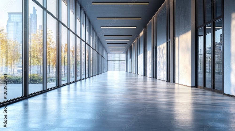 Poster a long, empty corridor stretches forward, its sleek floor reflecting the soft light escaping through