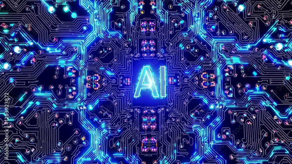 Poster top-down view of a glowing ai circuit board, showcasing intricate digital pathways. futuristic tech 