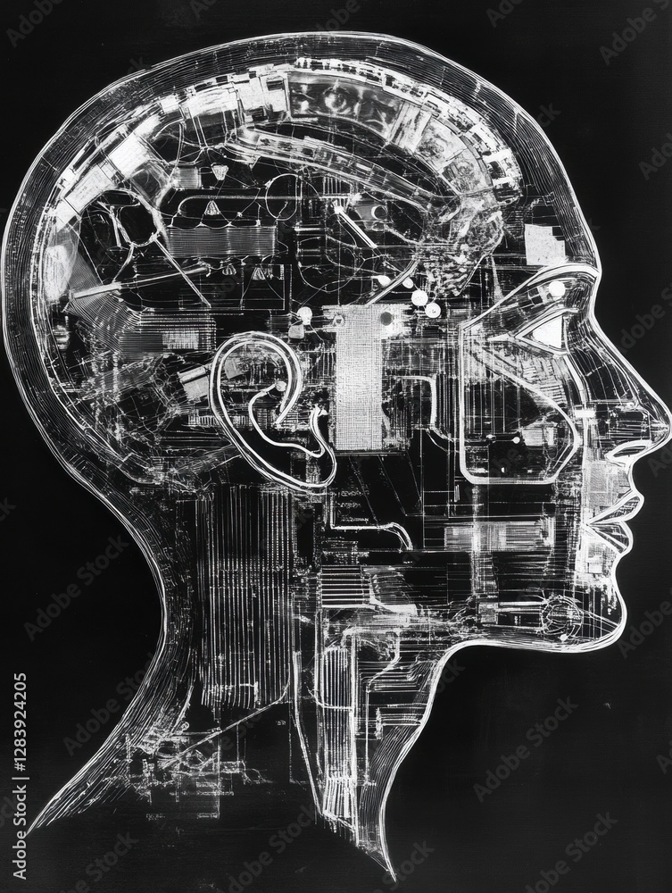 Aufkleber human head outline filled with schematic representations of artificial intelligence mechanisms. gene
